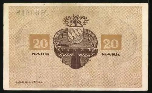 Notgeld Kitzingen 1918, 20 Mark, Kinderfiguren mit gefüllter Schale, Wappen