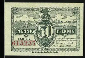 Notgeld Mecklenburg-Schwerin 1922, 50 Pfennig, Panorama, Wappen