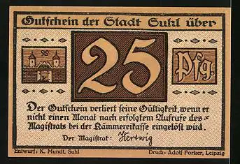 Notgeld Suhl, 25 Pfennig, Jagdgewehr, Ornament