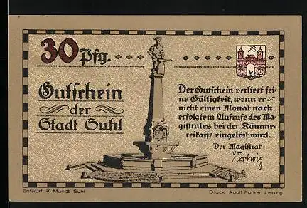 Notgeld Suhl, 30 Pfennig, Denkmal, Landsknecht mit Suhler Büchse, Wappen