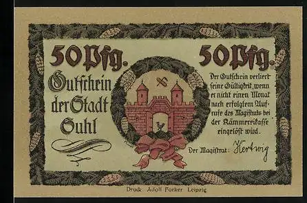 Notgeld Suhl, 50 Pfennig, Ortspartie mit Denkmal im Winter, Wappen