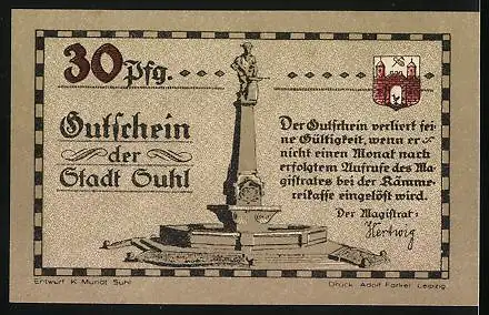 Notgeld Suhl, 30 Pfennig, Soldaten mit Suhler Waffen, Denkmal, Wappen