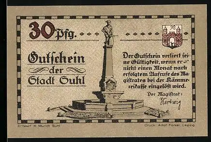 Notgeld Suhl, 30 Pfennig, Ritter in Suhler Rüstung, Denkmal, Wappen