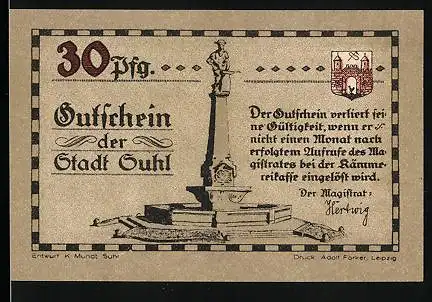 Notgeld Suhl, 30 Pfennig, Landsknecht mit Suhler Hakenbüchse, Denkmal, Wappen