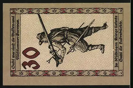 Notgeld Suhl, 30 Pfennig, Landsknecht mit Suhler Hakenbüchse, Denkmal, Wappen