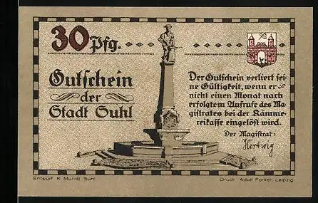 Notgeld Suhl, 30 Pfennig, Soldaten im 7jährigen Krieg mit Suhler Waffen, Denkmal, Wappen