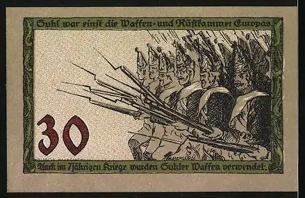 Notgeld Suhl, 30 Pfennig, Soldaten im 7jährigen Krieg mit Suhler Waffen, Denkmal, Wappen