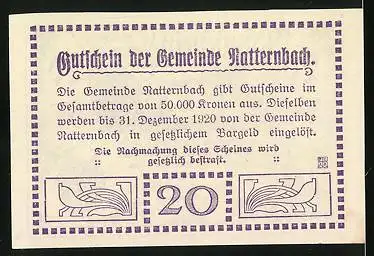 Notgeld Natternbach 1920, 20 Heller, Ornamente, Vaterhaus Hauser, Wappen, Kirche