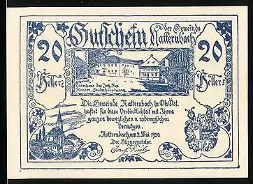Notgeld Natternbach 1920, 20 Heller, Ornamente, Vaterhaus Hauser, Wappen, Kirche