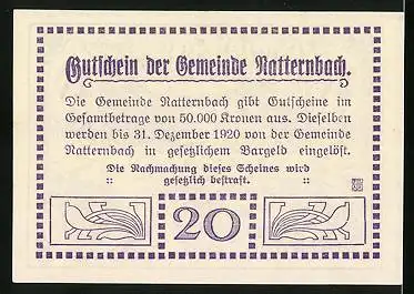 Notgeld Natternbach 1920, 20 Heller, Ornamente, Vaterhaus Hauser, Wappen, Kirche