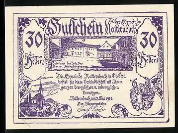 Notgeld Natternbach 1920, 30 Heller, Ornamente, Vaterhaus Hauser, Wappen, Kirche