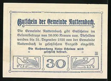 Notgeld Natternbach 1920, 30 Heller, Ornamente, Vaterhaus Hauser, Wappen, Kirche