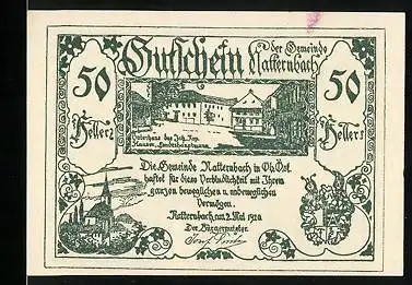 Notgeld Natternbach 1920, 50 Heller, Ornamente, Vaterhaus Hauser, Wappen, Kirche