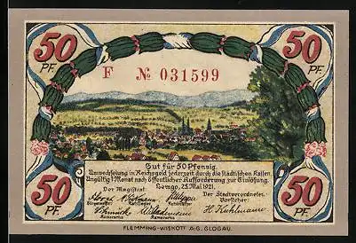 Notgeld Lemgo 1921, 50 Pfennig, Gesamtansicht im Ehrenkranz, Wappen, Öffentliche Bekanntmachung