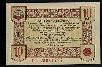Notgeld Lemgo 1921, 10 Pfennig, Wappen, Radmacher