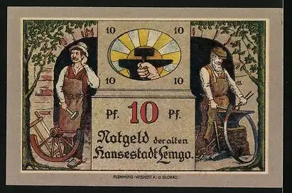 Notgeld Lemgo 1921, 10 Pfennig, Wappen, Radmacher