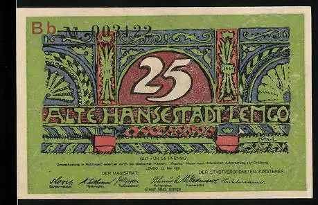 Notgeld Lemgo 1921, 25 Pfennig, Stadt-Silhouette, Ornamente