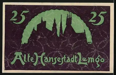 Notgeld Lemgo 1921, 25 Pfennig, Stadt-Silhouette, Ornamente