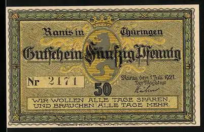 Notgeld Ranis /Th. 1921, 50 Pfennig, Ortsansicht, Wappen