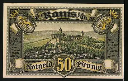 Notgeld Ranis /Th. 1921, 50 Pfennig, Ortsansicht, Wappen