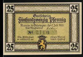 Notgeld Ranis /Th. 1921, 25 Pfennig, Burg, Wappen