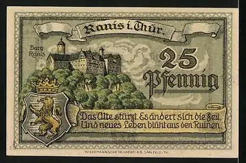 Notgeld Ranis /Th. 1921, 25 Pfennig, Burg, Wappen
