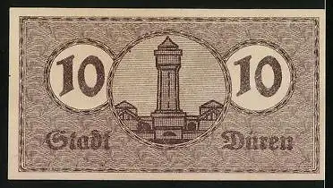 Notgeld Düren 1920, 10 Pfennig, Soldat, Turm