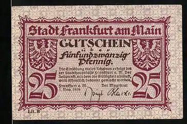Notgeld Frankfurt a. M., 1919, 25 Pfennig, Wappen, Ornamente, Ortspartie