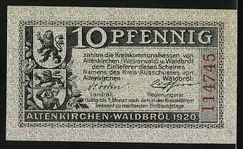 Notgeld Altenkirchen-Waldbröl 1920, 10 Pfennig, Bauer beim Säen, Schmied und Ritter, Wappen