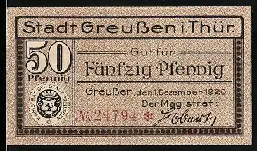 Notgeld Greussen 1920, 50 Pfennig, Kirche, Magistrats Unterschrift