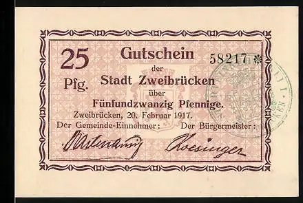 Notgeld Zweibrücken 1917, 25 Pfennig, Stadtwappen, Stempel