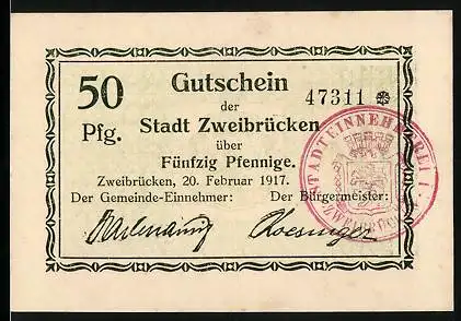 Notgeld Zweibrücken 1917, 50 Pfennig, Stempel mit Stadtwappen