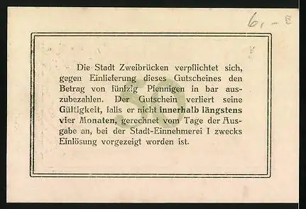 Notgeld Zweibrücken 1917, 50 Pfennig, Stempel mit Stadtwappen