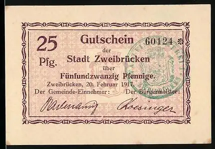 Notgeld Zweibrücken 1917, 25 Pfennig, Stempel und Stadtwappen