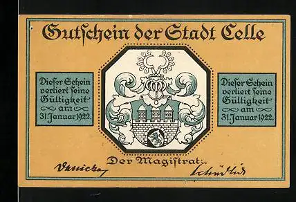 Notgeld Celle 1922, 50 Pfennig, Stadtwappen, Kirche