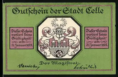 Notgeld Celle 1922, 50 Pfennig, Stadtwappen, Schuhstrasse, Poststrasse