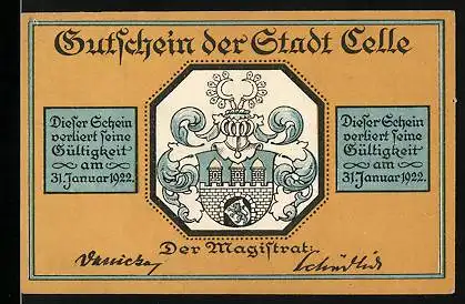 Notgeld Celle 1922, 25 Pfennig, Stadtwappen, Kirche im Schnee