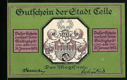 Notgeld Celle 1922, 25 Pfennig, Stadtwappen, Schuhstrasse mit Bürgerhäusern