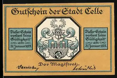 Notgeld Celle 1922, 100 Pfennig, Stadtwappen, Stadtkirche, Schloss