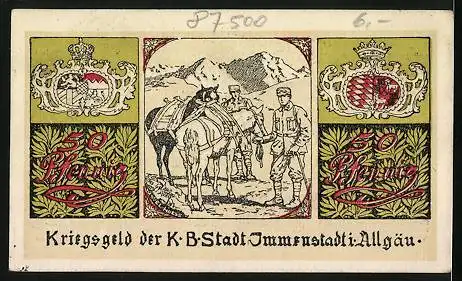 Notgeld Immenstadt 1918, 50 Pfennig, Stadtwappen mit Fisch, Soldaten