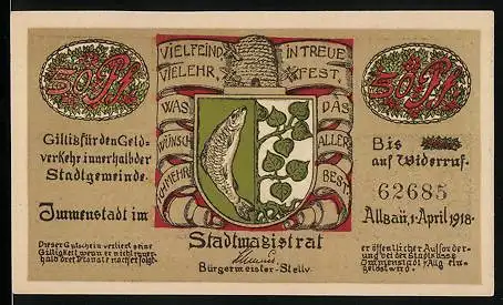 Notgeld Immenstadt 1918, 50 Pfennig, Stadtwappen, Soldaten mit Pferd