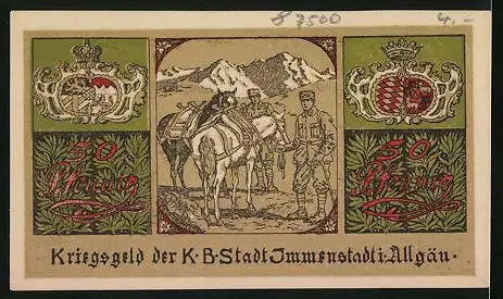 Notgeld Immenstadt 1918, 50 Pfennig, Stadtwappen, Soldaten mit Pferd