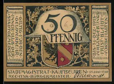 Notgeld Kaufbeuren 1918, 50 Pfennig, Stahlhelm und Wappen