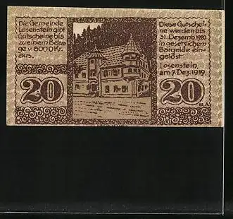 Notgeld Losenstein 1919, 20 Heller, Rathaus