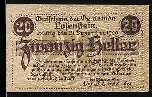 Notgeld Losenstein 1919, 20 Heller, Stadtwappen