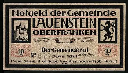 Notgeld Lauenstein 1921, 10 Pfennig, Schloss auf dem Fels