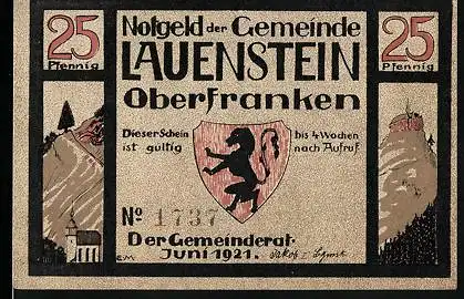 Notgeld Lauenstein 1921, 25 Pfennig, Kirche und Bergweg