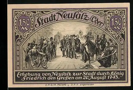 Notgeld Neusalz, 1,50 Mark, Erhebung zur Stadt durch König Friedrich den Grossen