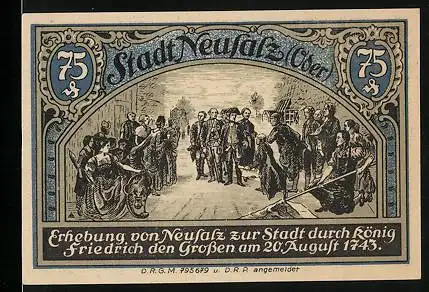 Notgeld Neusalz, 75 Pfennig, König Friedrich der Grosse, Segelschiff