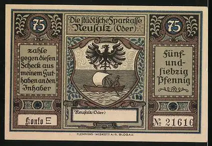 Notgeld Neusalz, 75 Pfennig, König Friedrich der Grosse, Segelschiff